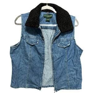 VTG BUSHWACKER Womens Denim Vest L Sherpa Collar Zip Up 90s Y2K Western Indie
